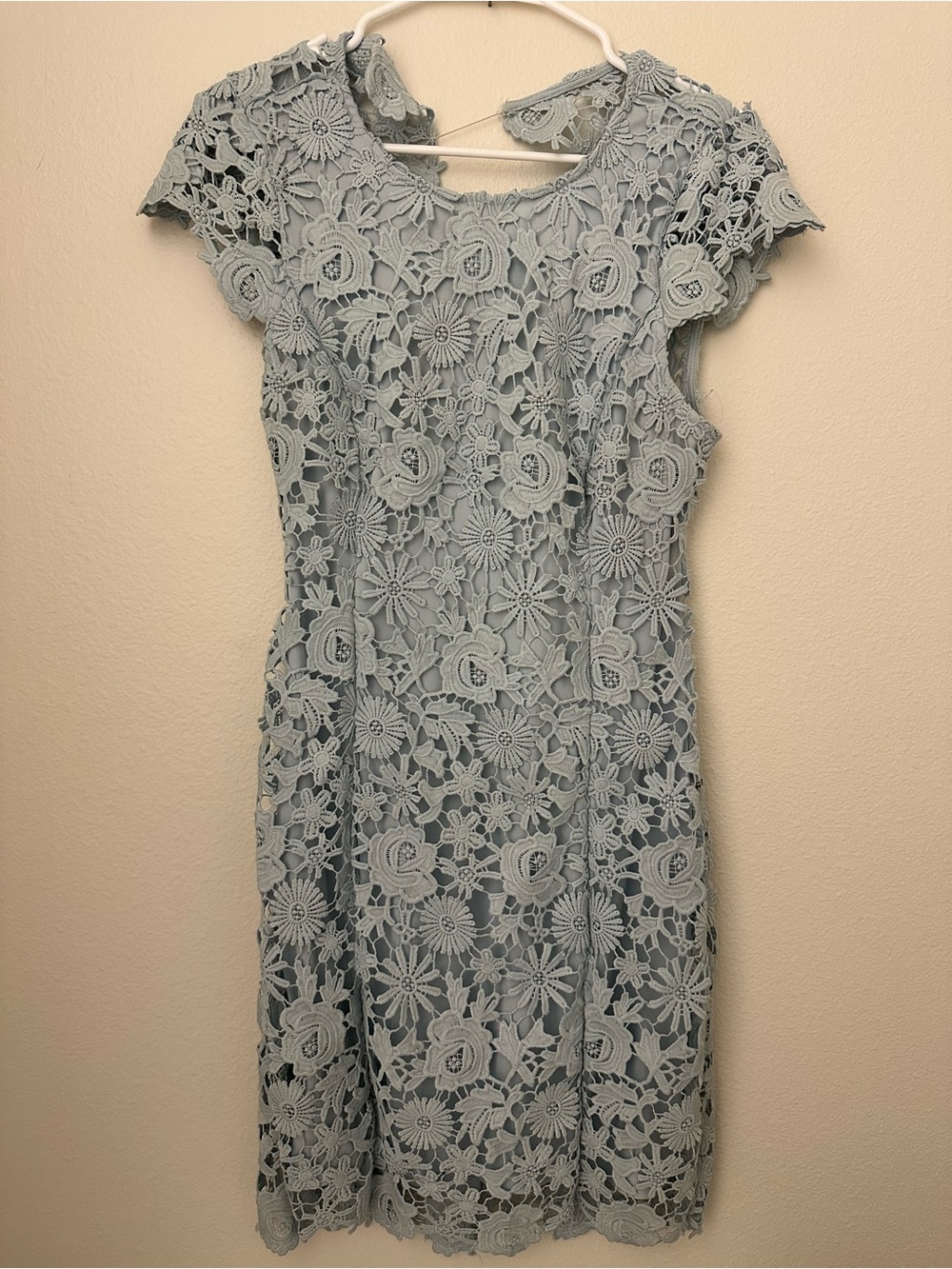 Lulu's Dusty Blue Floral Lace Cap-Sleeve Dress